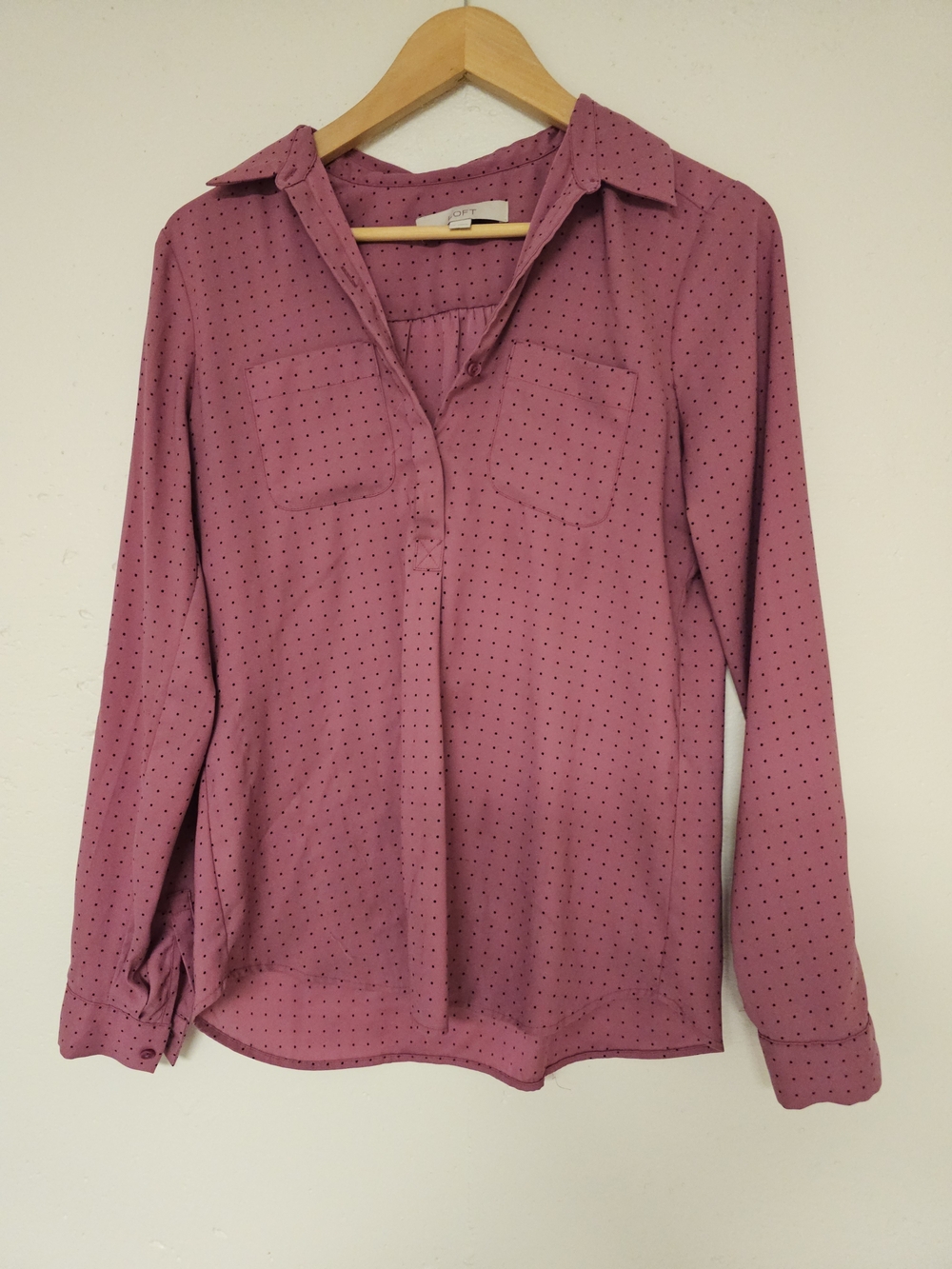 LOFT Dark Pink Button-Down Blouse with Black Polka Dots